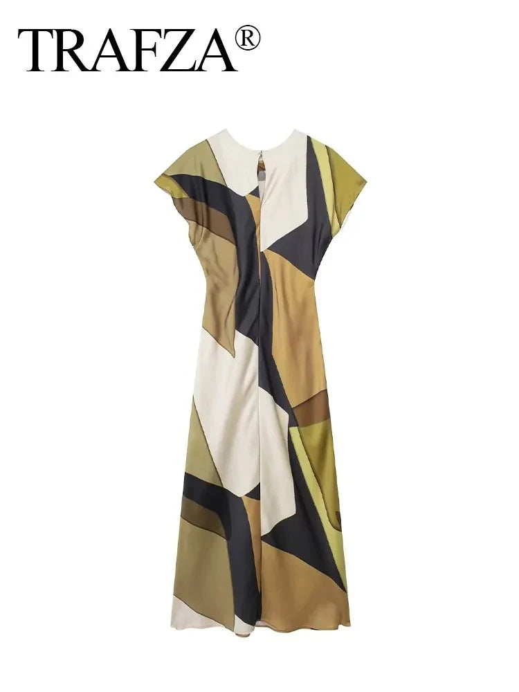 TRAFZA New Summer Women's Long Dress Print O-Neck Short Sleeves Back Hollow Out Vinatge Chic Pleats Loose Female Dresses