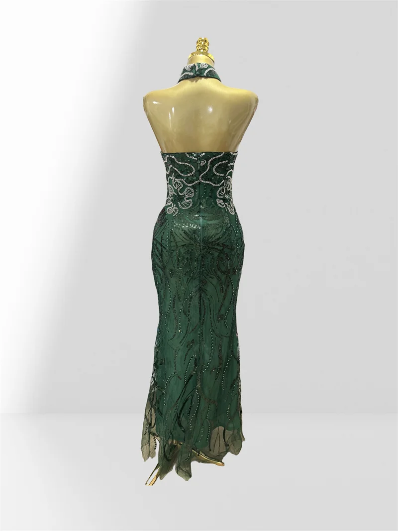Luxury Green Women Gown Dress Celebrity Birthday Vestido Sparkling Diamond Pearl Beading Sequin Embroidery Floor Length Dress