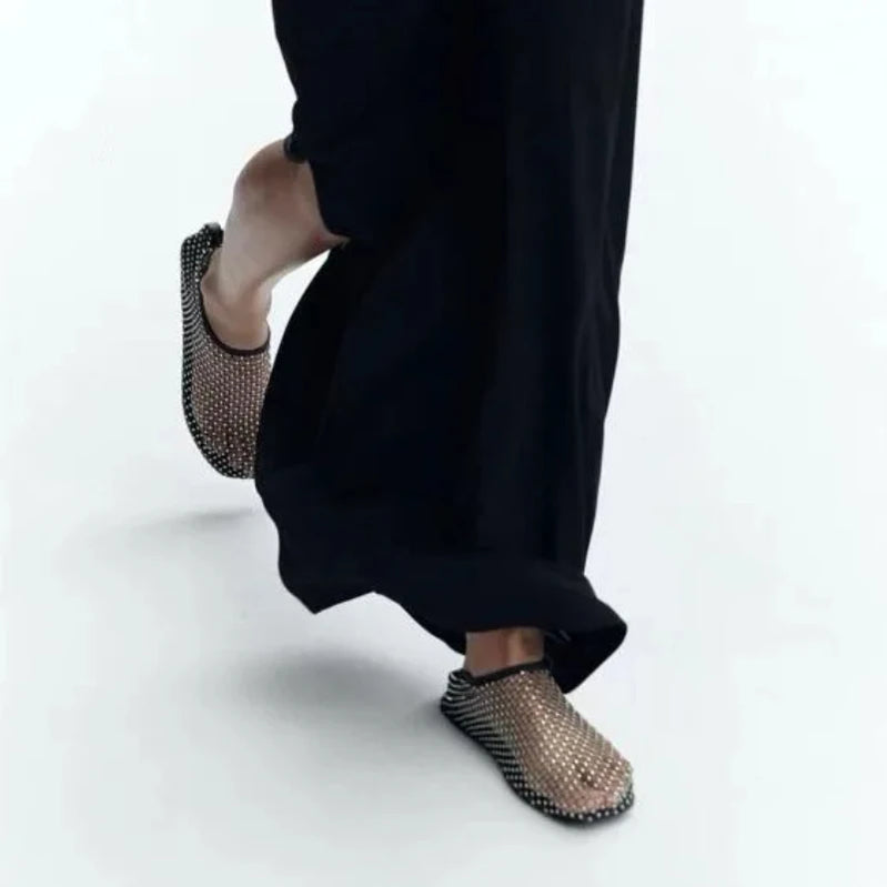 Women's Shoes Luxury Diamond Round Head Ladies Shoes Women's Sandals With Elastic Fishnet Socks Slippers