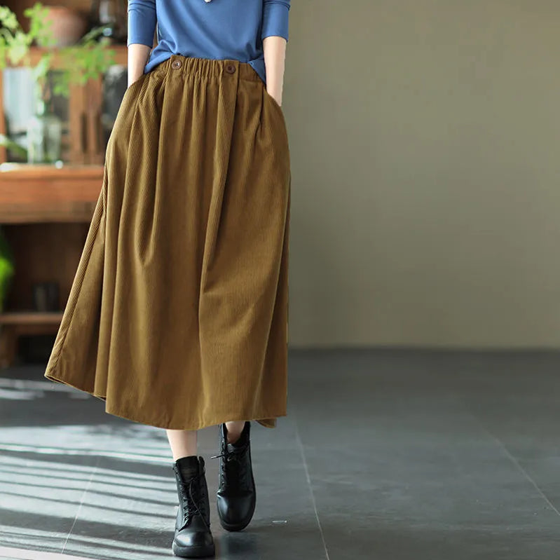 Retro Corduroy Skirts Long for Women Autumn Winter Fashion Korean Streetwear Harajuku Midi Japanese Style Skirt Elegant Woman