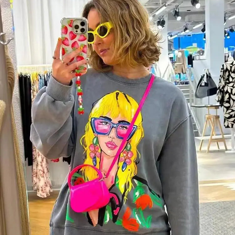 Cartoon Contrast Printed Sweatshirts Women Loose O-neck Long Sleeve Pullovers Female Autumn Fashion Casual Ladies Top