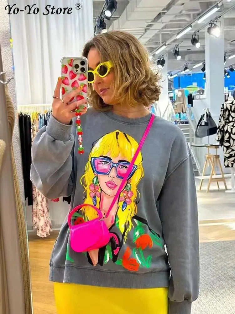 Cartoon Contrast Printed Sweatshirts Women Loose O-neck Long Sleeve Pullovers Female Autumn Fashion Casual Ladies Top