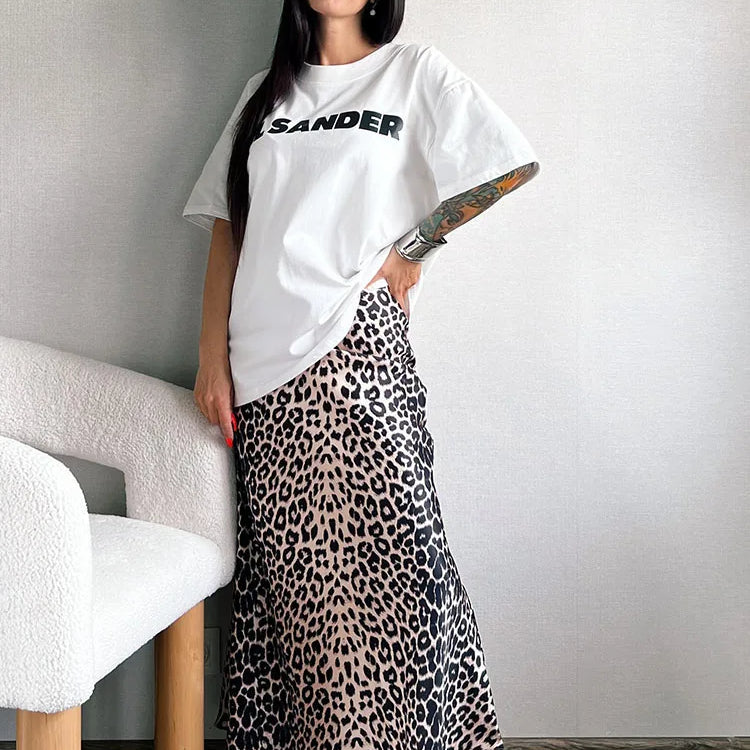 Long Leopard Print Skirts Women Satin Summer Office Elegant Maxi Zipper Skirt Satin Silk Fashion Fishtail Skirt Women Summer