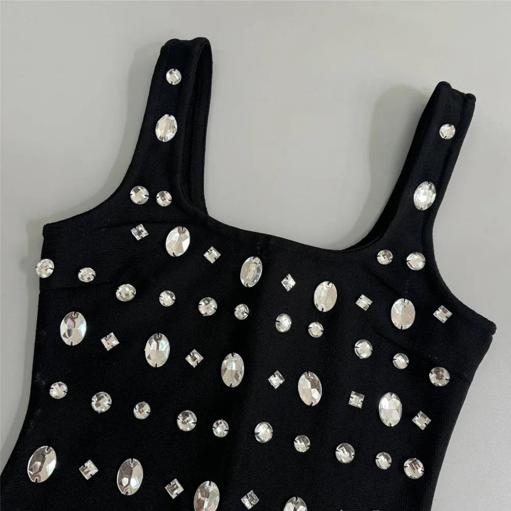 High Quality Big Crystal Women Sleeveless Sexy O-Neck Bodycon Long Bandage Dress Fashion Evening Party Cocktail Dress Vestido