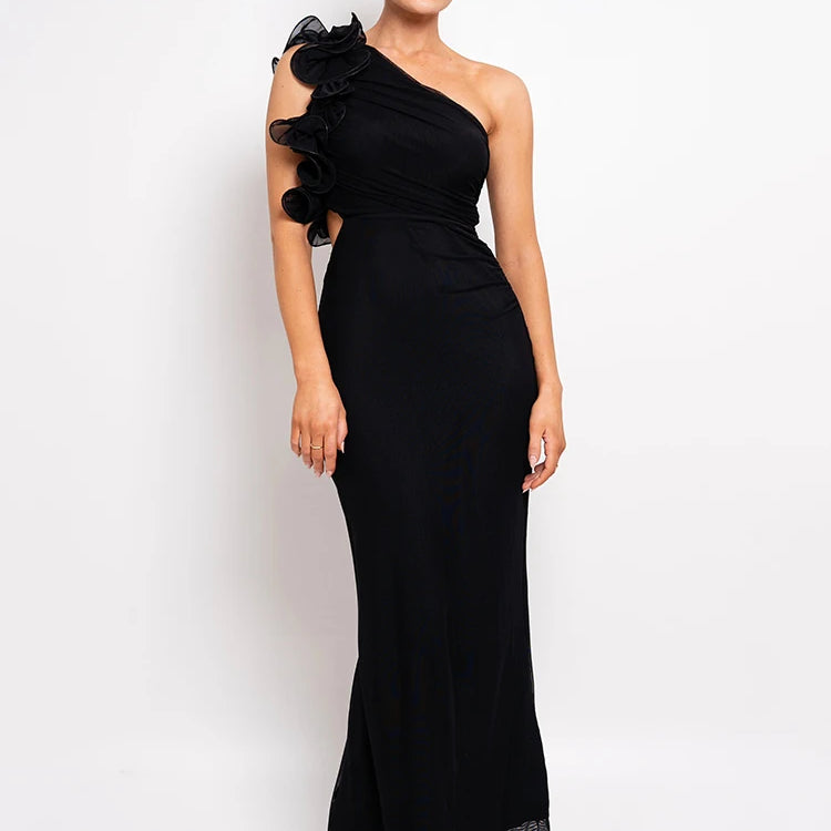 Shoulder Floral Mesh Ruched Sexy Maxi Dress For Women Gown Oblique Shoulder Sleeveless Backless Bodycon Long Dress