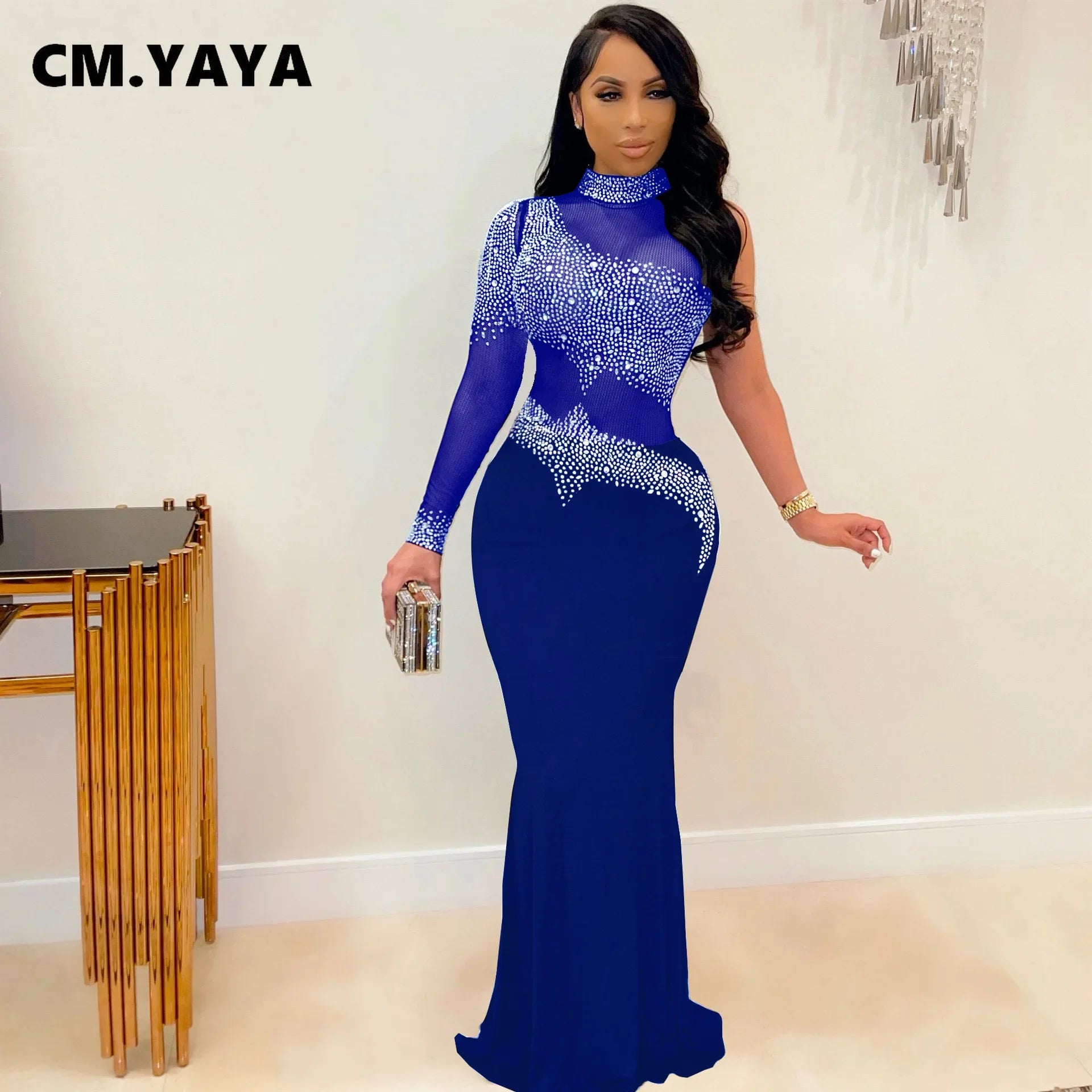 CM.YAYA Women Diamonds Hot Rhinestones Bodycon Midi Maxi Mermaid Dress Elegant Sexy Party Club One Long Sleeve Long Dresses