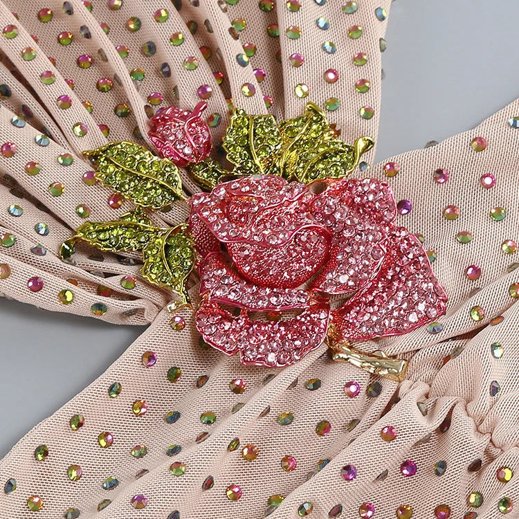 Sexy O Neck Long Sleeve Beading Mini Dress Women Flower Backless Luxury Diamonds Slim Dress Cocktail Party Evening Dresses