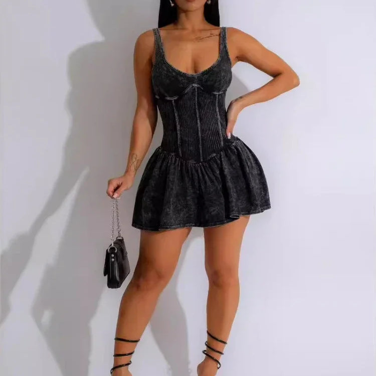 CM.YAYA Women Sleeveless O-neck Pleated Ruched Dress 2024 Summer Beach Cute Sexy Evening Night Club Party Washed Mini Dresses