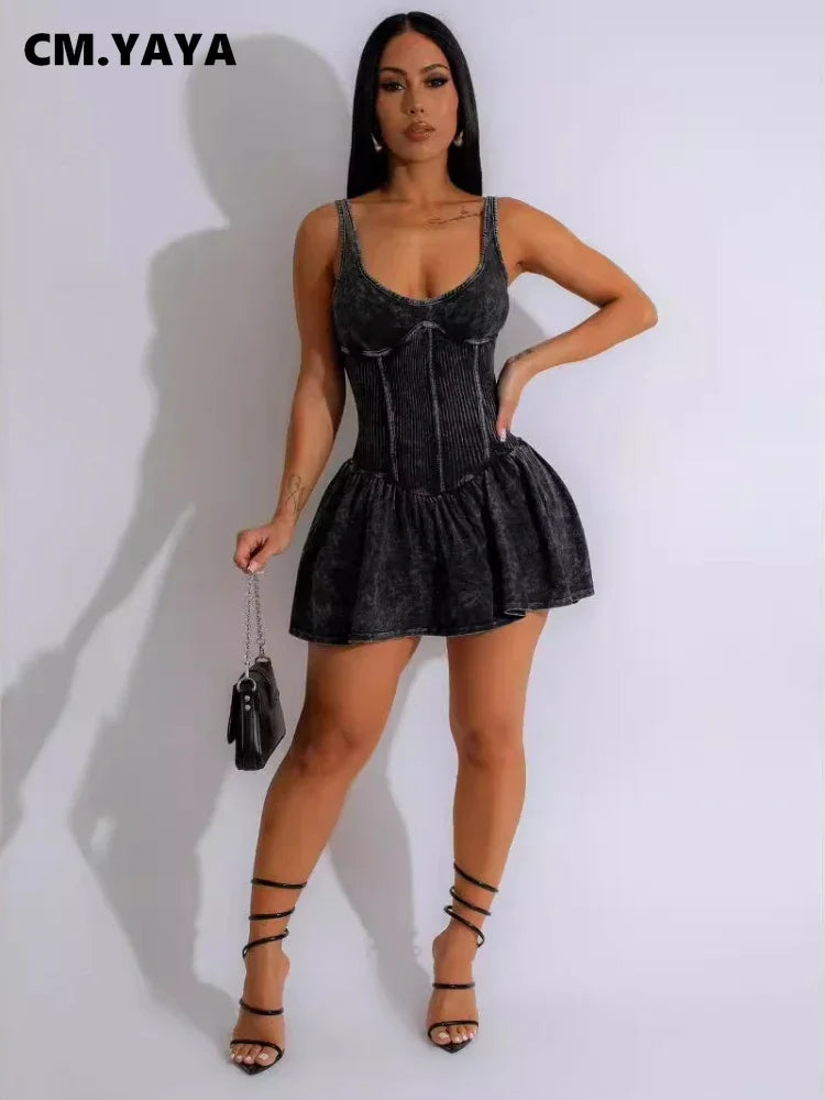 CM.YAYA Women Sleeveless O-neck Pleated Ruched Dress 2024 Summer Beach Cute Sexy Evening Night Club Party Washed Mini Dresses