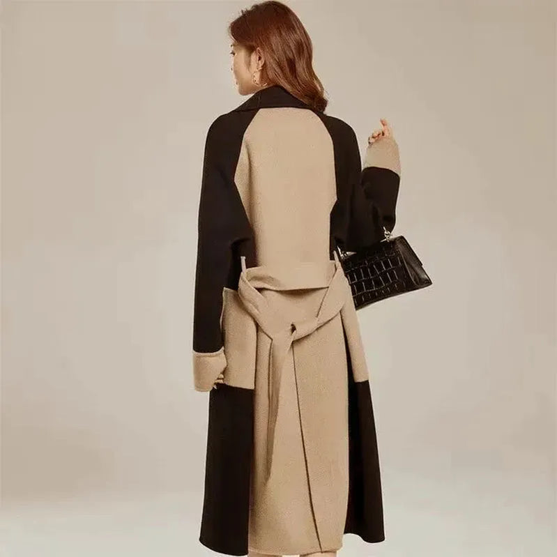 Vintage Woolen Patchwork Trench Coat Women Elegant Korean Oversize Long Jacket Autumn Winter Double Breasted Office Lady Outwear