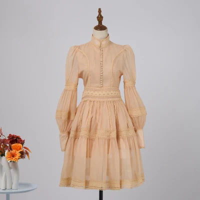 Runway Designer Embroidery Lace Patchwork Party Night Dress High Quality Lantern Sleeve Stand A Line Vintage Elegant Dress