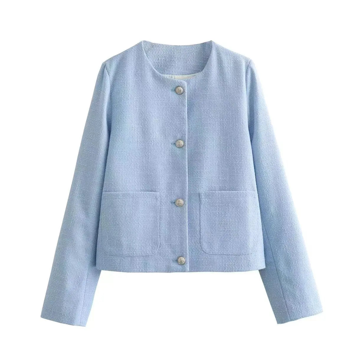 Short Tweed Coat Women Autumn Fashion Elegant O-neck Long Sleeve Botton Frayed Pockets Jackets Female Outwear Office Lady Coats blue