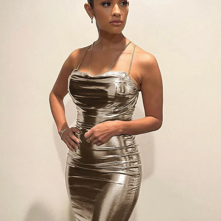 JusaHy Women New Y2K Retro Golden Sexy&High Street Elegant Pleated Low Chest Elastic Skinny Party Solid Chic Slip Long Dress Gold