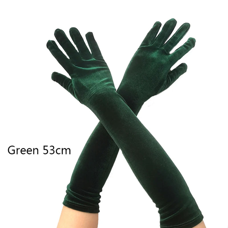 53CM Women Golden Velvet Long Autumn Winter Warm Black Evening Dress Etiquette Gloves Retro Style Banquet Accessories Elasticity green 53cm One Size