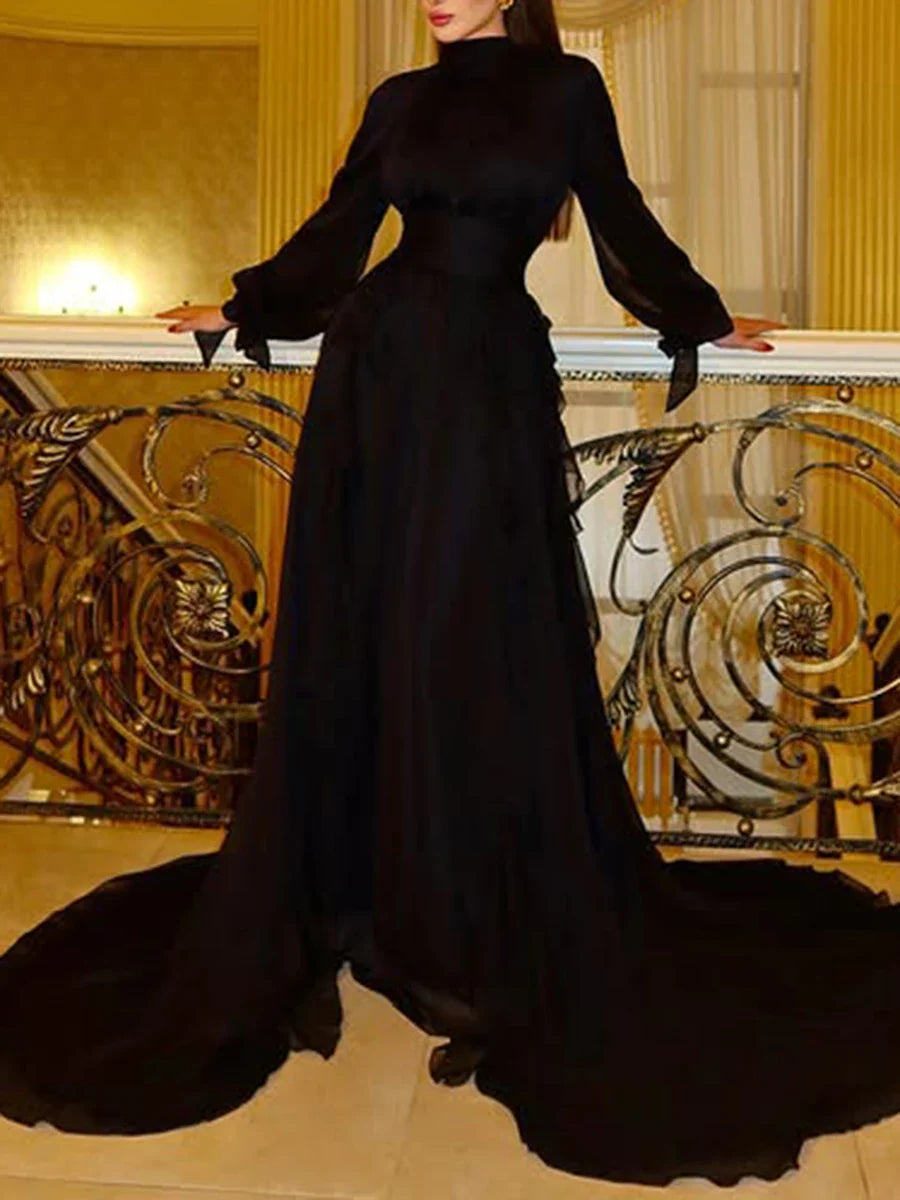 Solid Loose Midi Dresses for Women Round Neck Long Sleeves Patchwork Lace Up Temperament Dress Female Clothing New