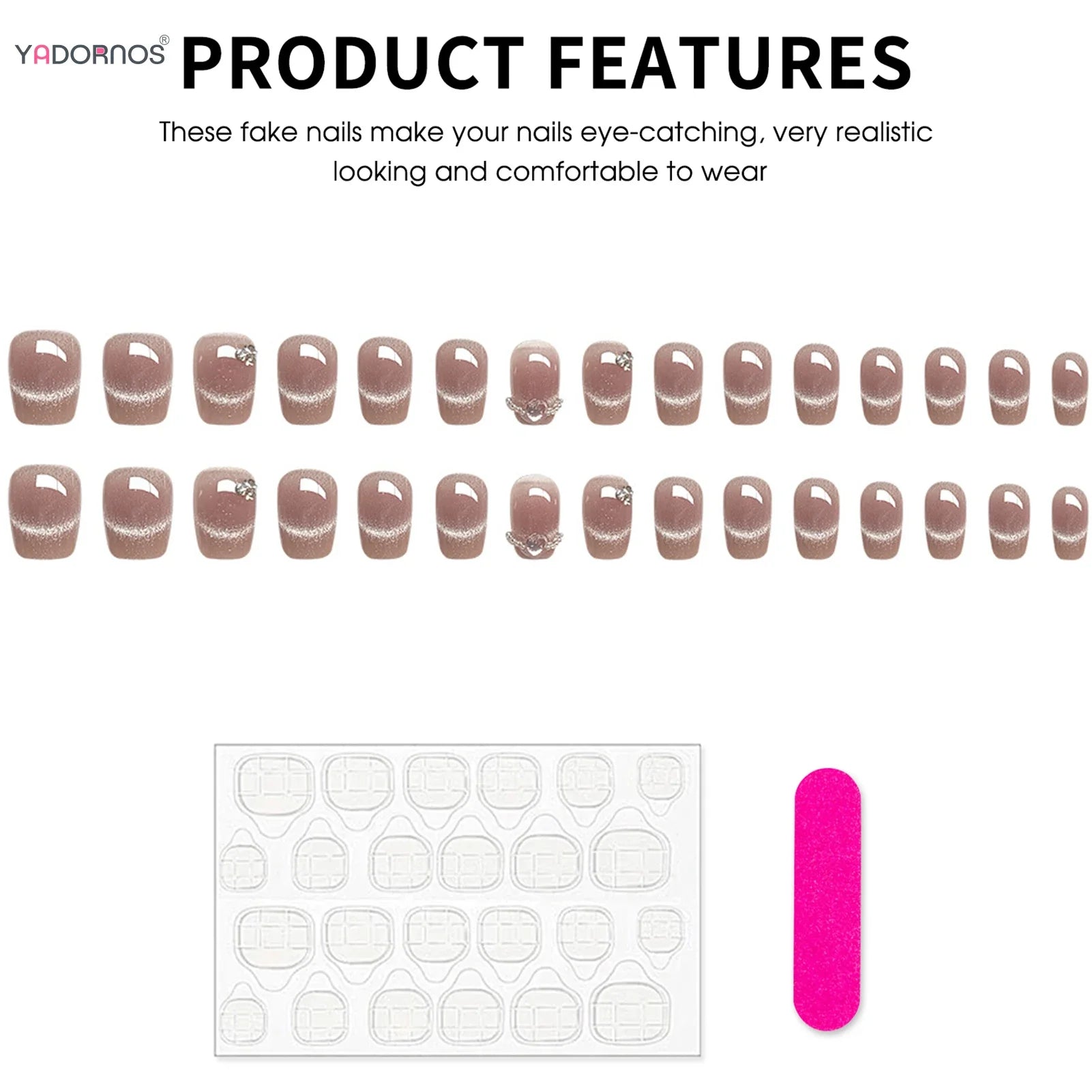 30Pcs Glossy Cat's Eyes Fake Nails Short Ballet Press On Nails Shiny Diamond Decor Sweet Girls Charm Manicure Nails Supplies