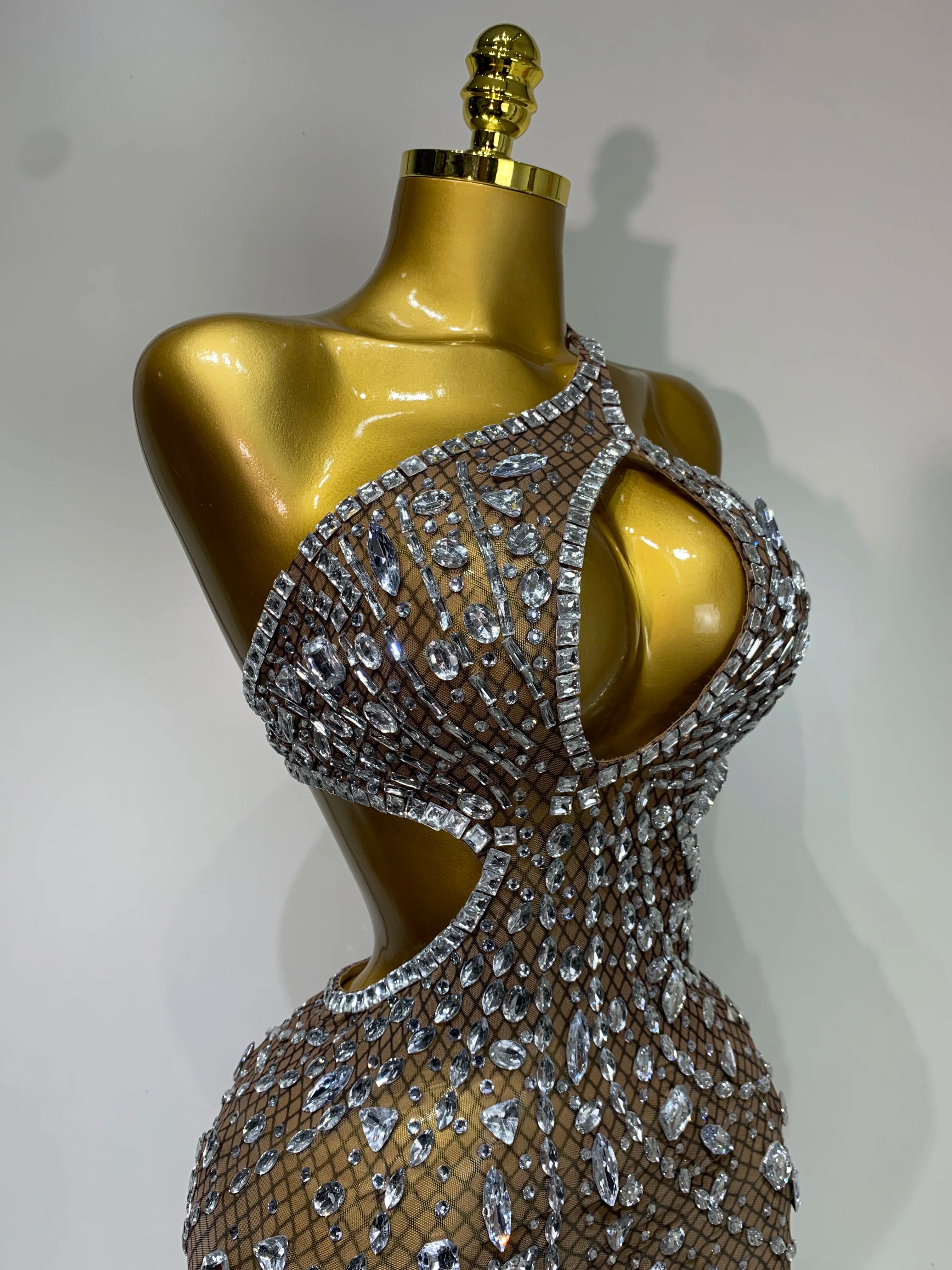 Sexy Sparkly Diamond Backless Short Dress 2025 Women Sleeveless Mesh See Through Evening Birthday Gown Singer Stage Outfit