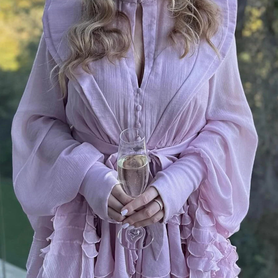 TWOTWINSTYLE Slimming Spliced Ruffles Folds Dresses for Women Round Neck Long Sleeves Patchwork Button Dress Female Fashion New