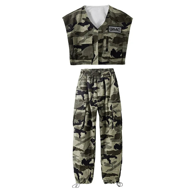 Boys Streetwear Girls Hip Hop Camouflage Vest Cargo Pants Children Military Jogger Street Dance Kids Costume Teen Fashion Outfit