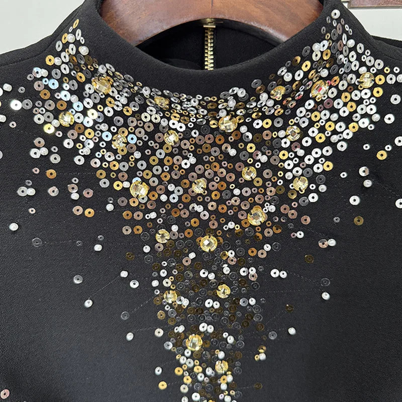 TWOTWINSTYLE Slimming Spliced Sequins Two Piece Sets for Women Round Neck Long Sleeves Short Top High Waist Skirt Set Female New