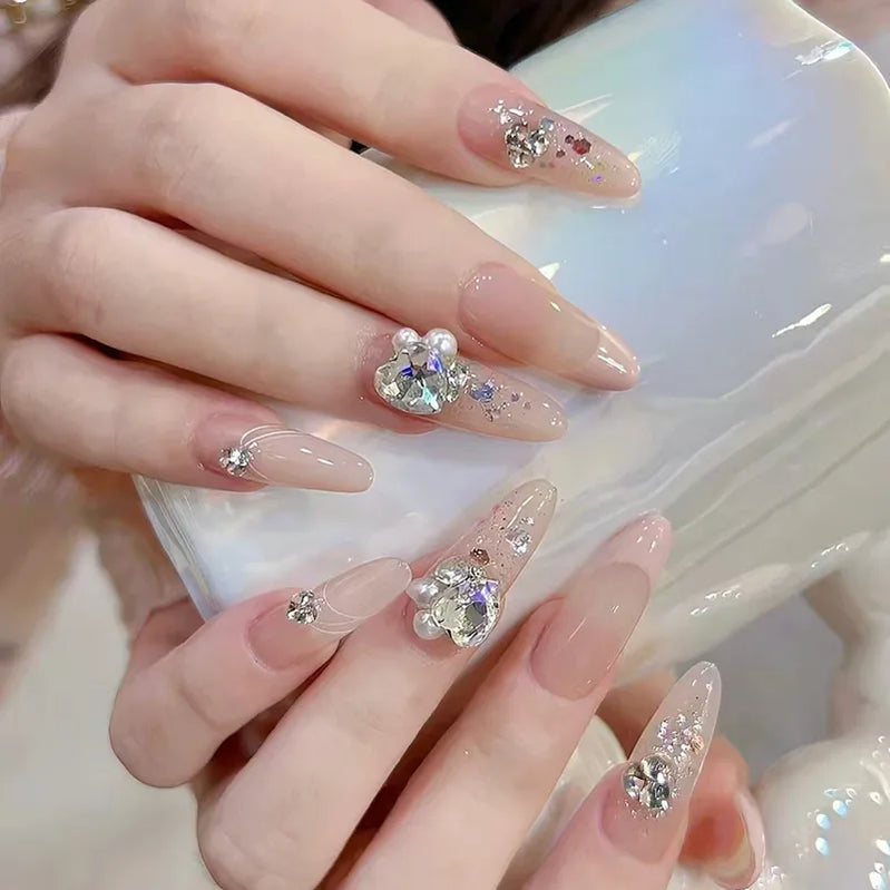 24Pcs Long French Almond Nails Set Press on Simple White Edge Design Fake Nails for Woman Detachable Full Cover False Nails Tips