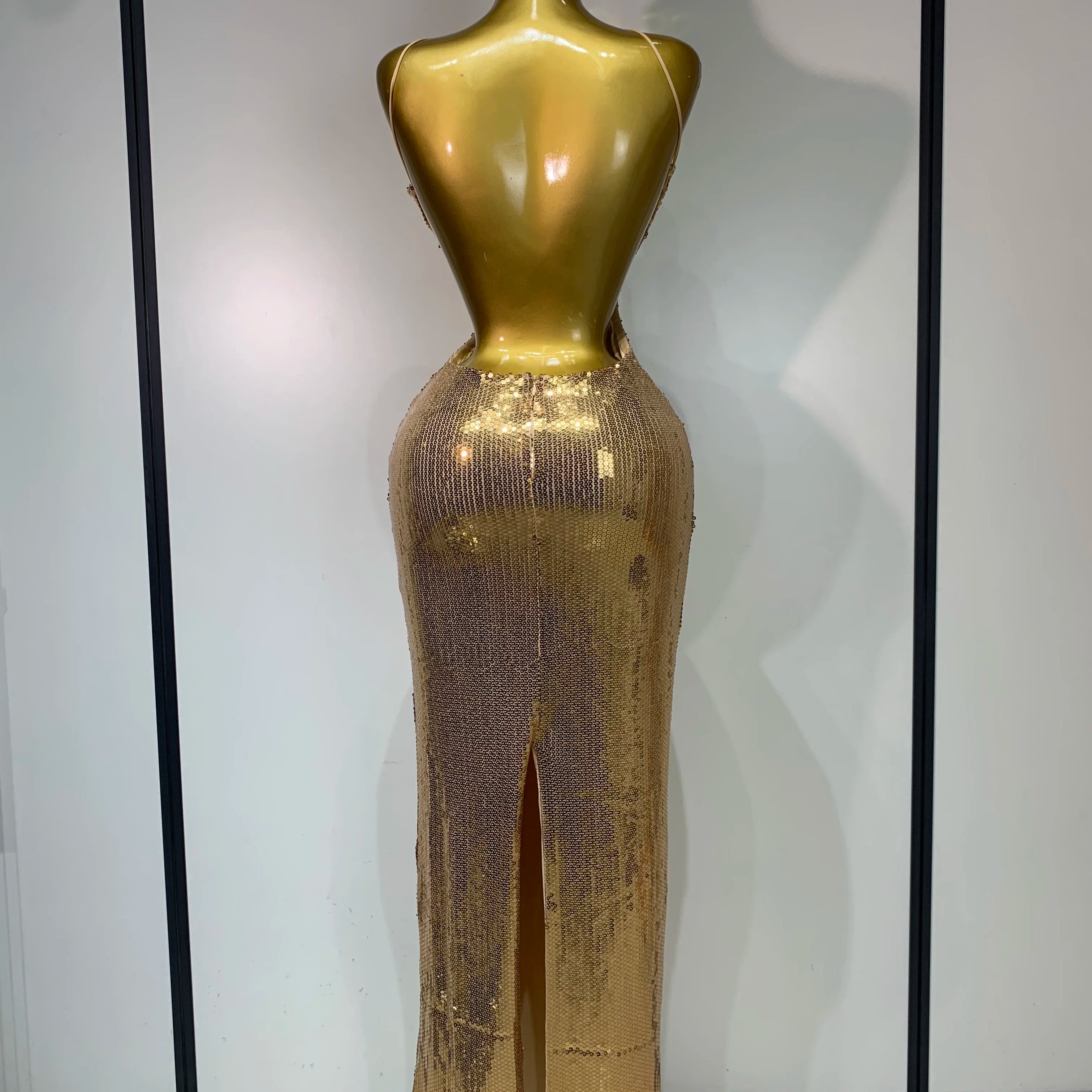 Luxury Sexy Backless Halter Gold Glitter Sequins Maxi Long Dress Elegant Sparkly Evening Party Club Dress Wedding Guest Gown