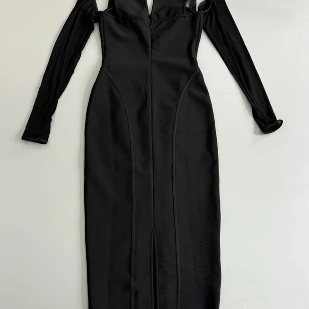 2025 Sexy Women's Light Luxury Nail Diamond Bandage Dress O-neck Long Sleeve Hollow Design Bodycon Midi Dress Party Vestidos