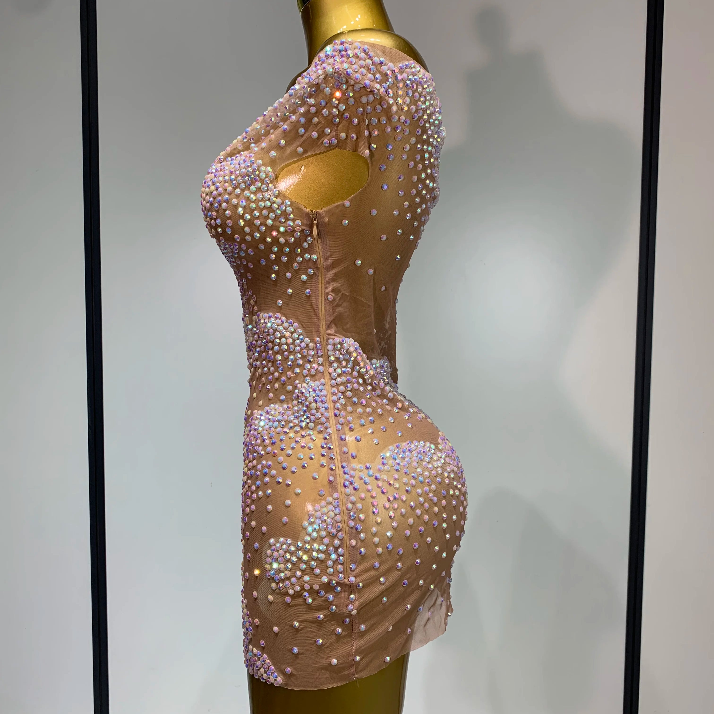 Women Sexy Mesh See Through Mini Dress Celebrate Birthday Evening Party Dress Luxury Rhinestones Stage Performance  Costume