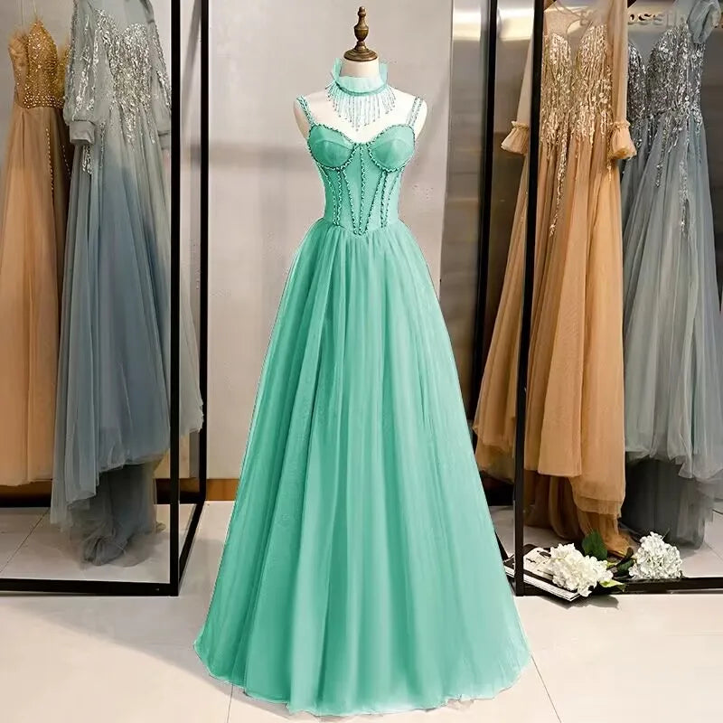 Prom Party Dresses Sexy See-Through Bodice Floor Length Evening Dress Formal Occasion Gown ice blue