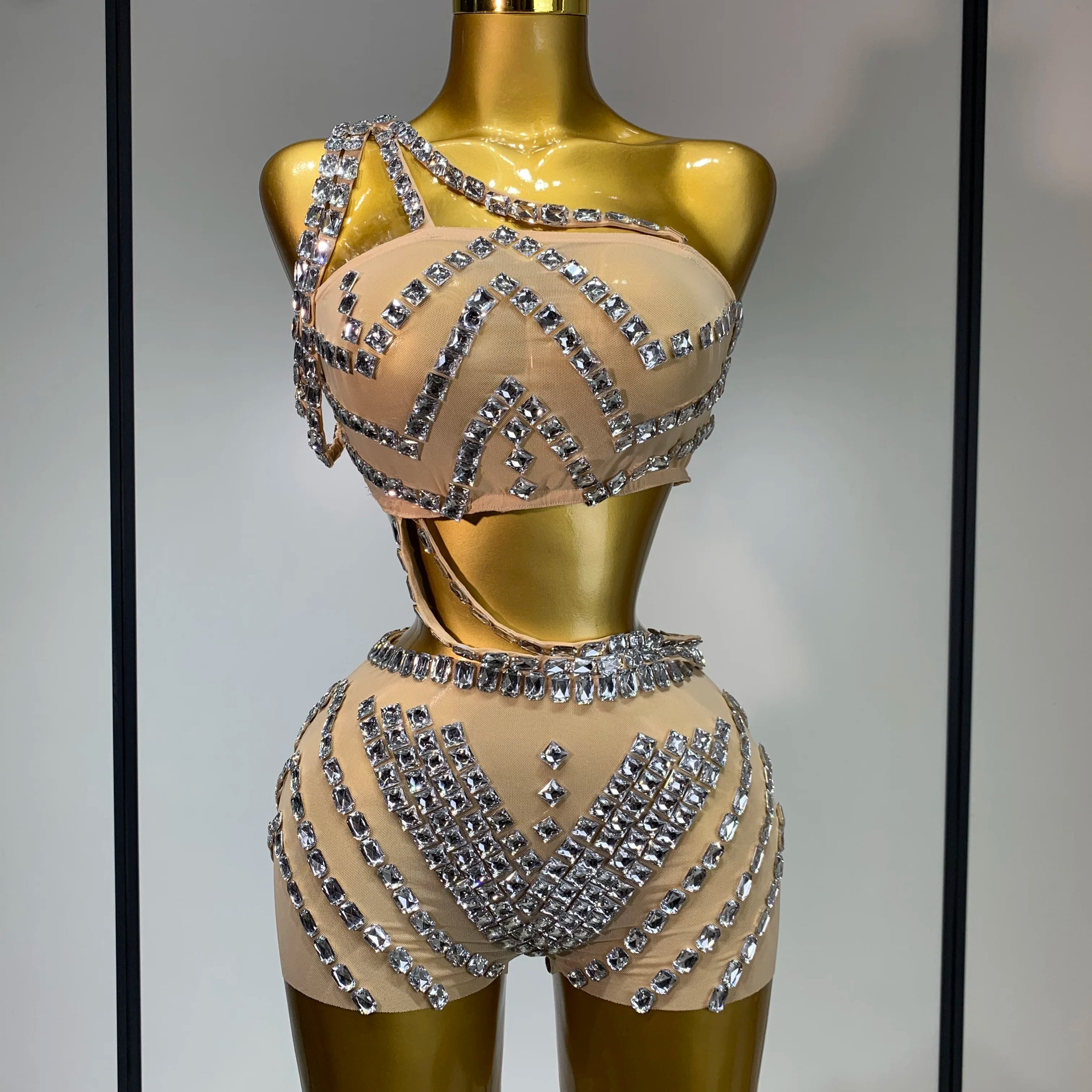 Luxury Diamonds Sexy Mesh Perspective Two Pieces Outfit Performance Dancer Singer Costume Nightclub Women's Set Birthday Wear