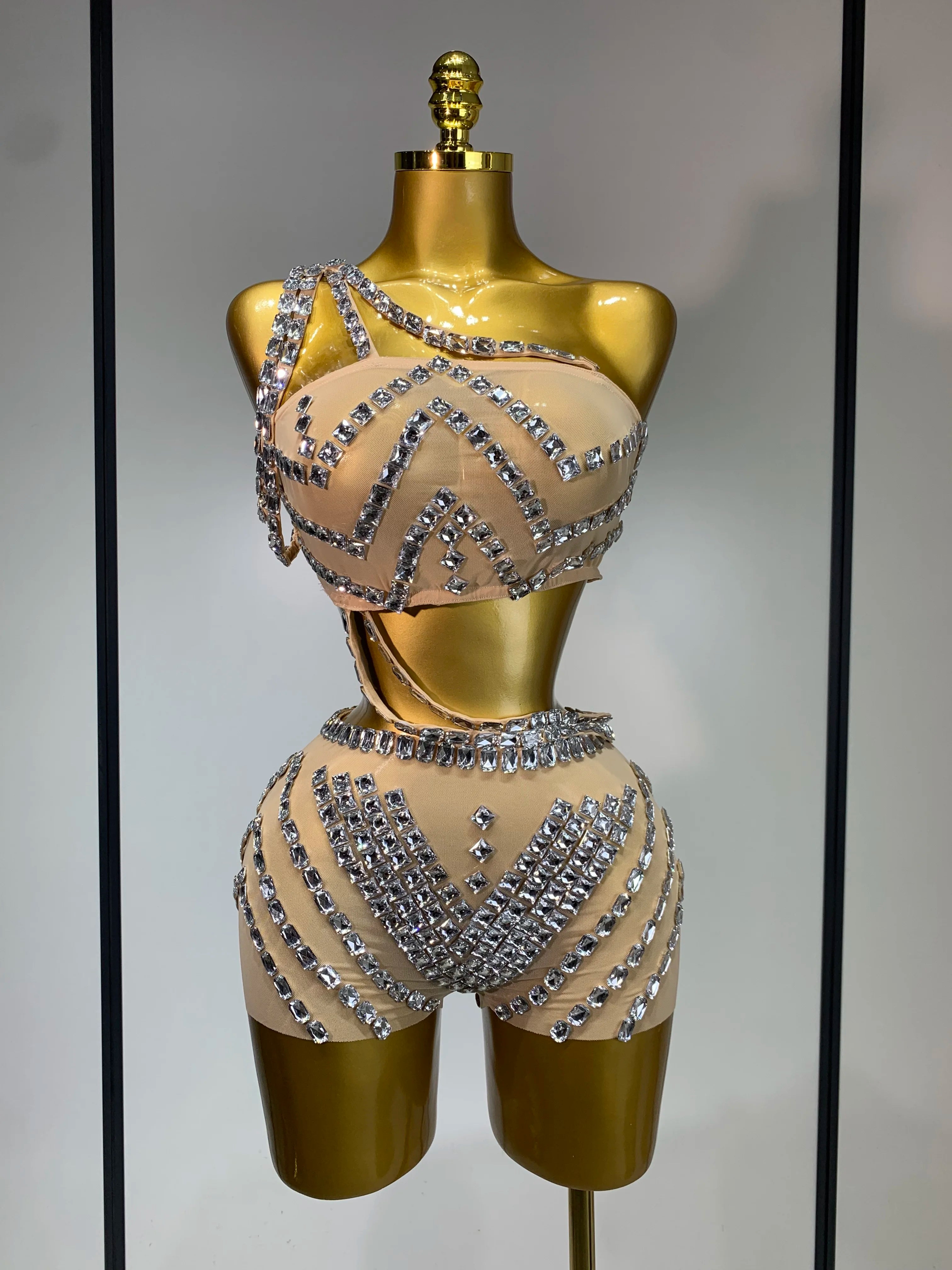 Luxury Diamonds Sexy Mesh Perspective Two Pieces Outfit Performance Dancer Singer Costume Nightclub Women's Set Birthday Wear