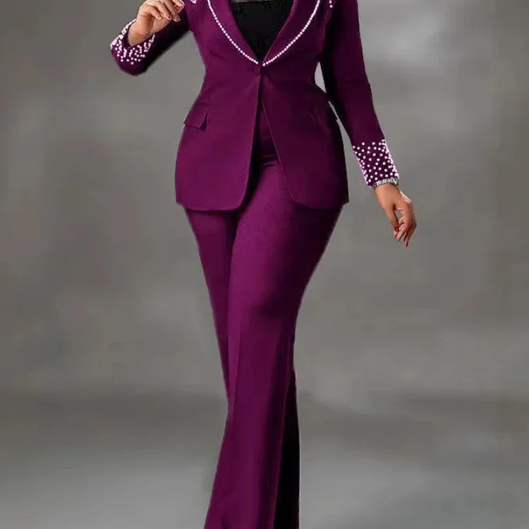 CM.YAYA Fashion Pearl Splicing Women's Set Long Sleeve Blazer and Wide Leg Pants Suit 2024 Winter OL Fall Two 2 Piece Set Outfit