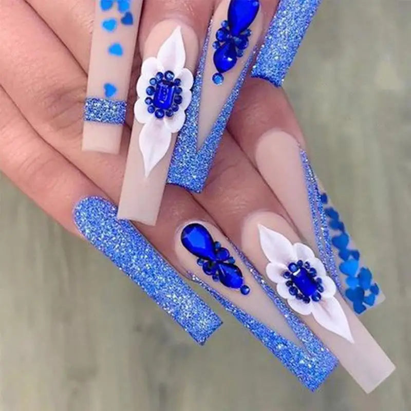 24Pcs Glitter Long Coffin French False Nails with Blue Rhinestone Design Removable Wearable Ballet Press on Nails Manicure