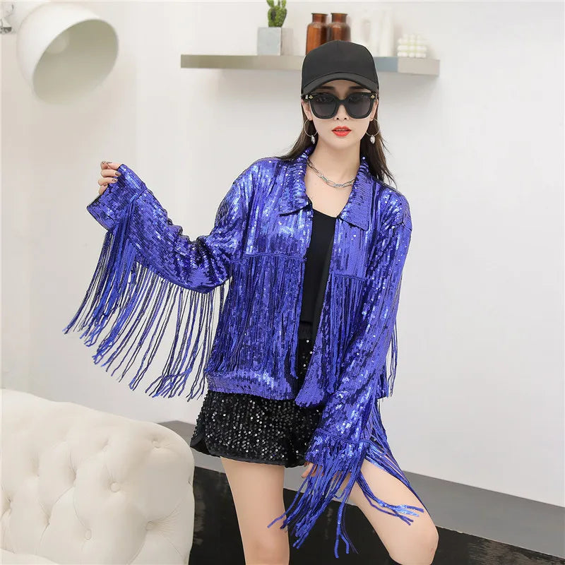 Reflective Tassel Sequin Jacket Women Outwear Tops Retro Long-sleeved Coat Summer Autumn Streewear New Female Jackets Blue One Size