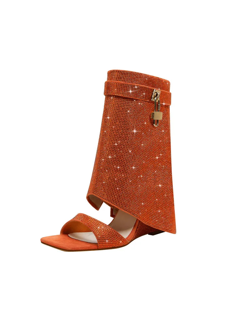 Summer New Rhinestone Cool Boots Fashion Square Head Side Zipper Open-toe Women's Short Boots Fashion Show Sexy Leg Boots orange
