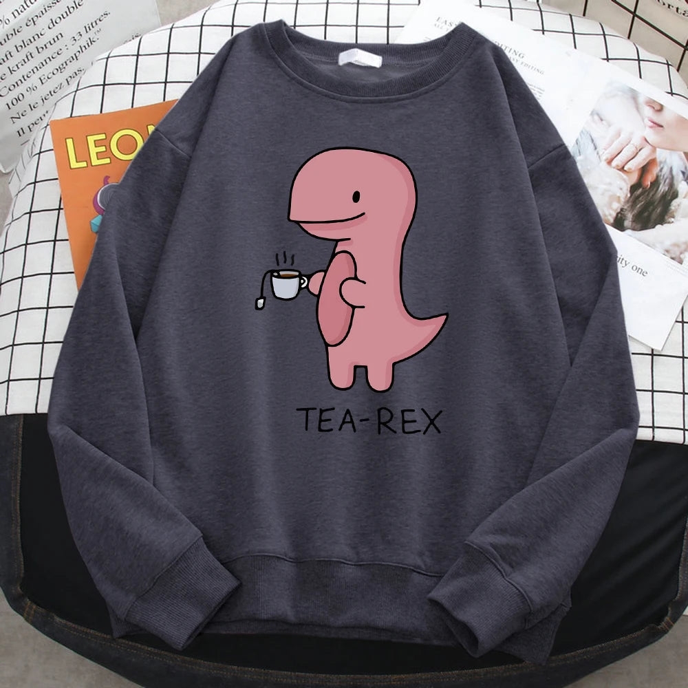 Autumn Funny Sweatshirts For Women Funny Dinosaur Drink Coffee Printing Hoodies Fleece Soft Pullovers Loose Warm Ladies Clothing Dark Gray