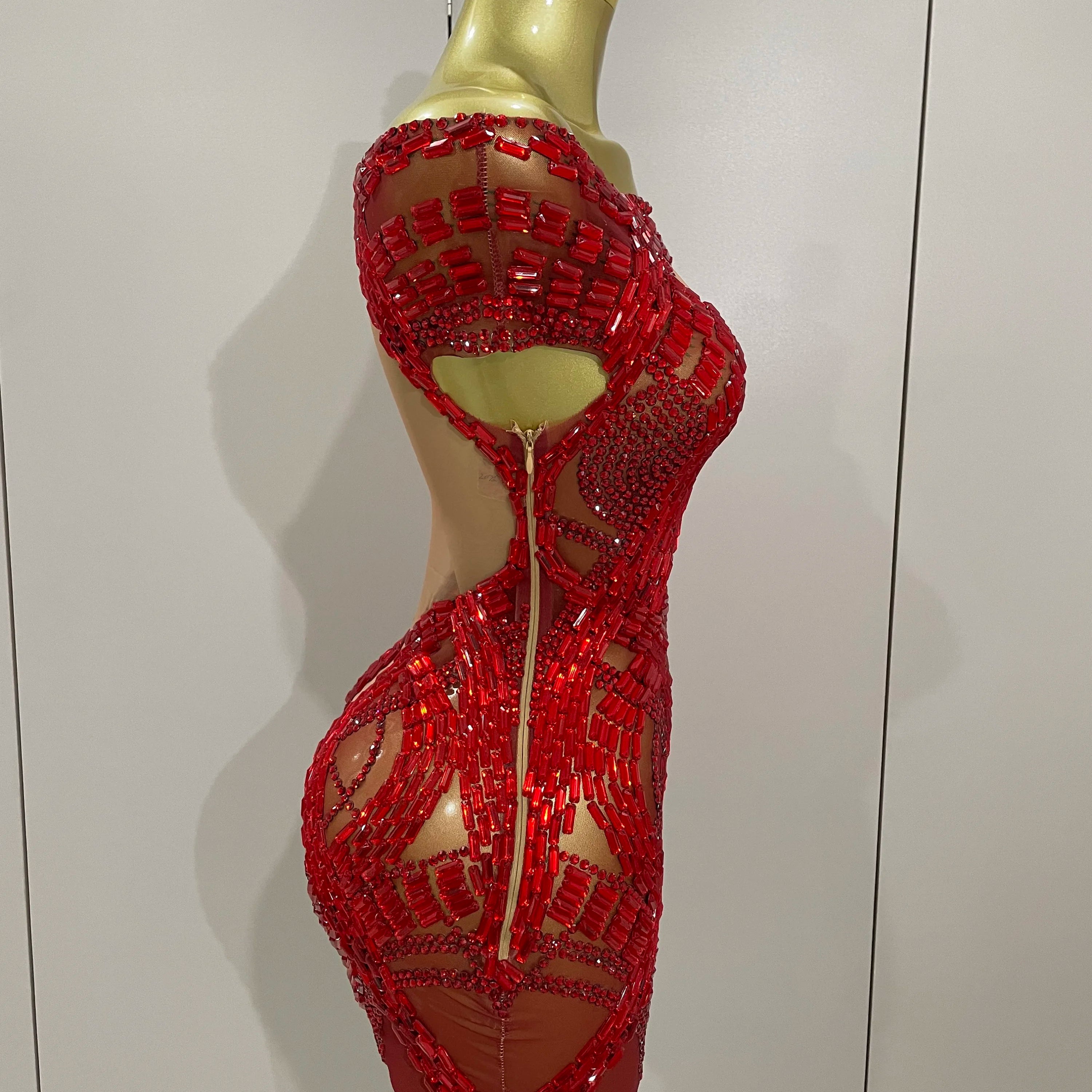 2025 Shining Red Rhinestones Sexy Mesh See-Through Mini Dress Women Celebrate Evening Prom Birthday Party Dress Stage Shoot Wear