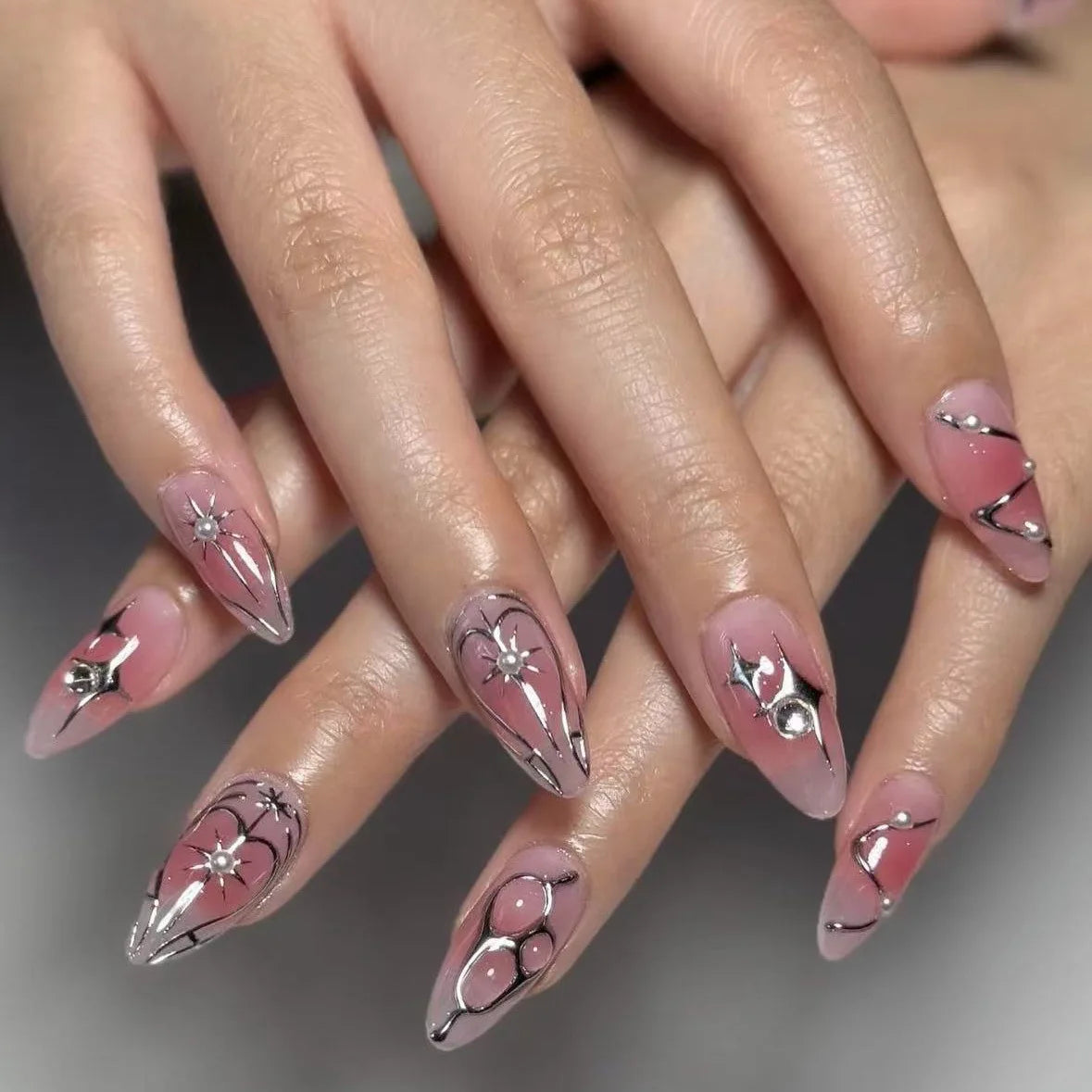 24Pcs Mid-length Almond Fake Nail Pink Blush Cool French Rhinestone Press on Nails with Metal Stripe Wearable Oval Manicure Art