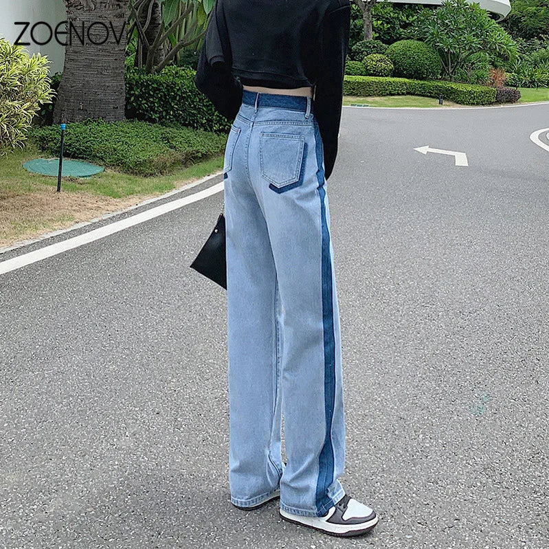 ZOENOVA Loose Women Jeans Spring Straight Wide Leg Pants Trendy Harajuku Streets Y2K High Waist Contrast Stripes Denim Trousers