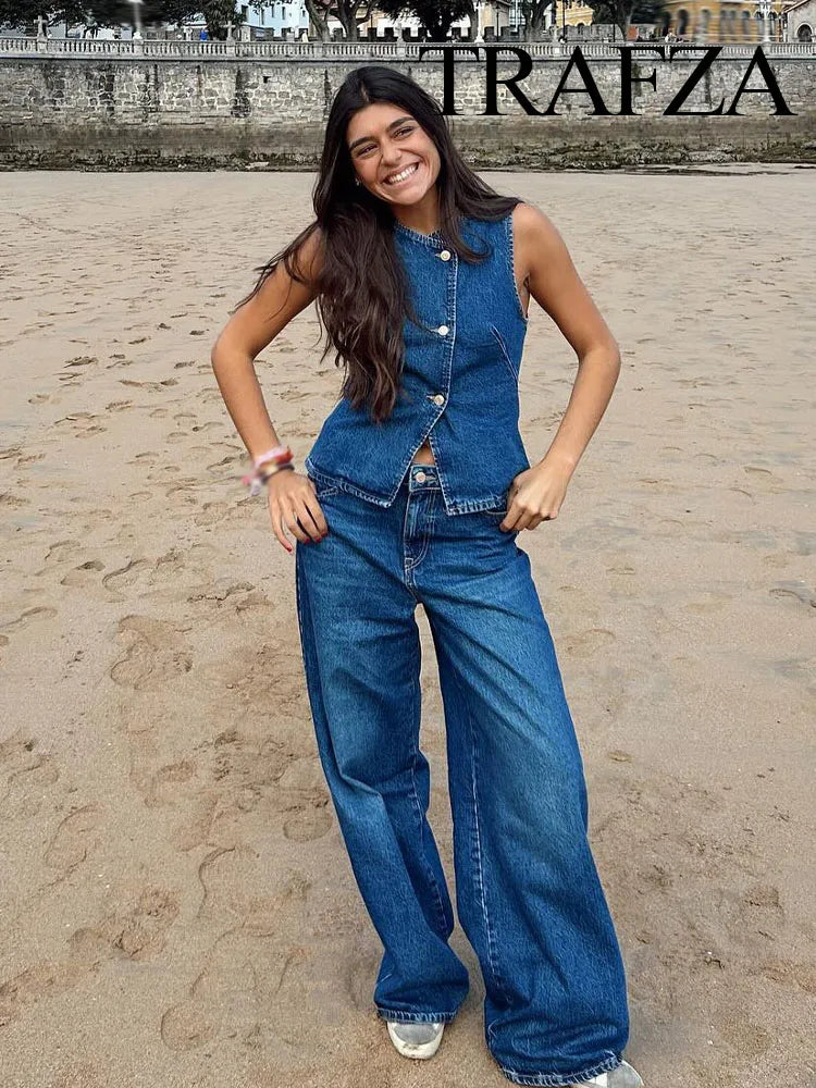 TRAFZA Summer Denim Trousers Set For Women Sleeveless Cropped Vest Top + Wild Basic Women's Wide Leg Long Pant Trendy