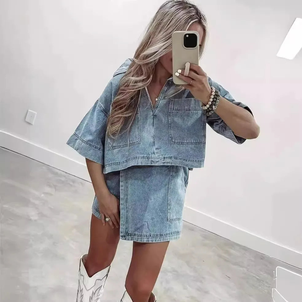 Summer Women Blue Denim Skirt Suit Loose 2 Piece Set Short Sleeve with Pocket Shirt and Irregular Skirt Female Street Out