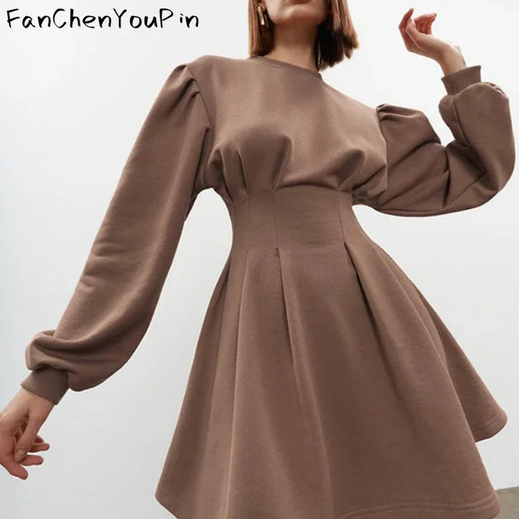 Spring Summer Women's Dress A-line Lantern Sleeves O-neck Short Skirt Vintage Slim Fit Pleated Temperament Dresses Female