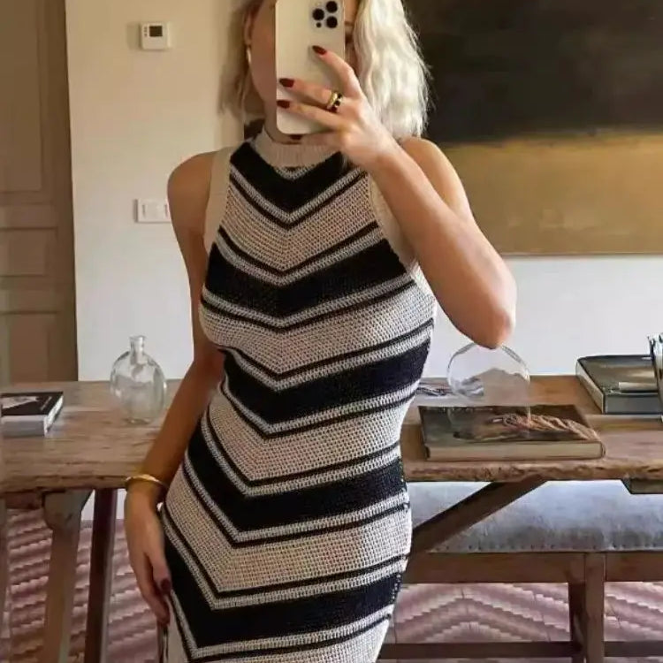 Summer Knitted Beach Dress Women Elegant Fashion Tassel Striped Long Dresses Summer Slim Bohemian Holiday Outfits Beachwear