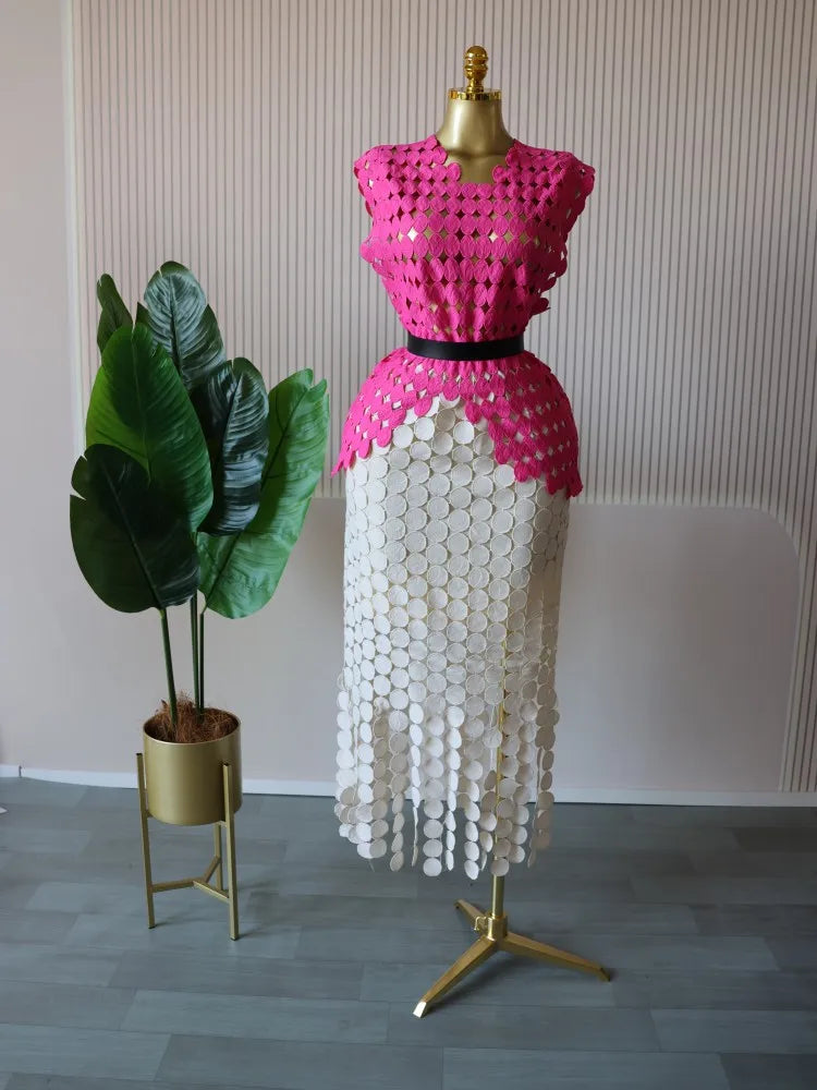 CM.YAYA Women Cutout O-neck Crop Top and Bodycon Midi Slim Maxi Long Skirt Suit 2025 Summer Vacation Sexy Two 2Piece Set Outfits Rose re-Apricot-belt One Size