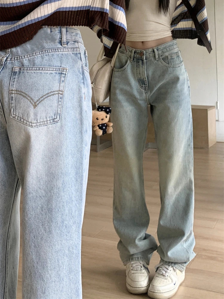 QWEEK Vintage 90s Jeans Women Y2k High Waist Light Blue Straight Pants Casual Streetwear Distressed Loose Floor Length Trousers Blue