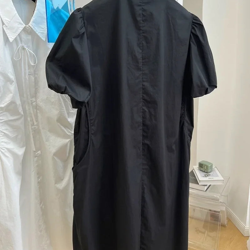 Loose Drawstring White Lantern Short Sleeve Shirt Dress Vestidos Elegantes Para Mujer Maxi Single Breasted Women es