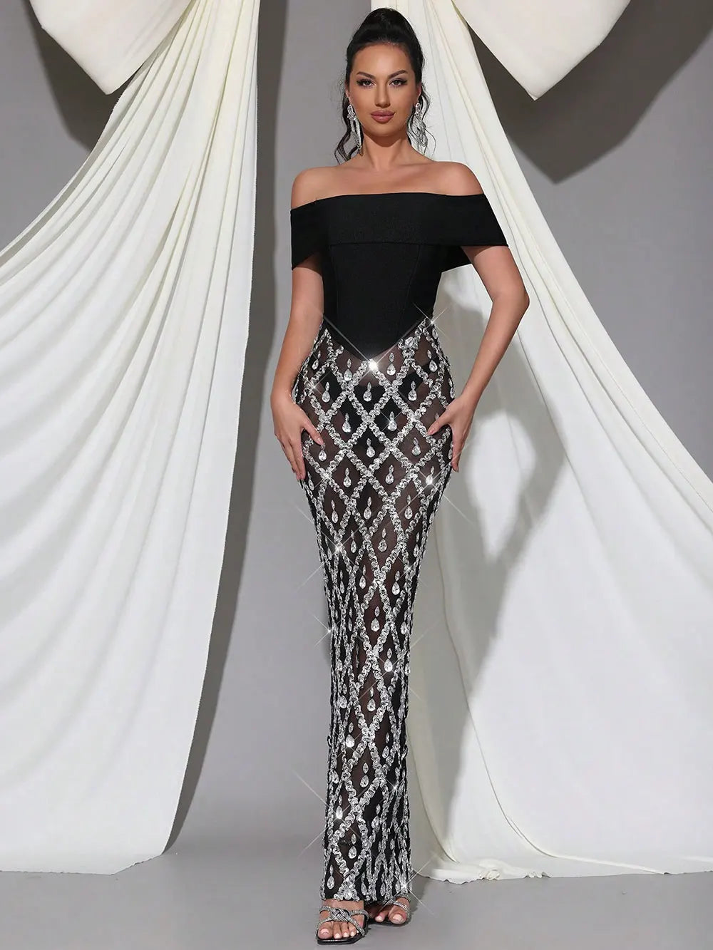 2025 Spring Sexy Women's Chiffon Patchwork Sparkle Nail Bead Long Dress V-neck Short Sleeve Bodycon Dress Cocktail Banquet Dress