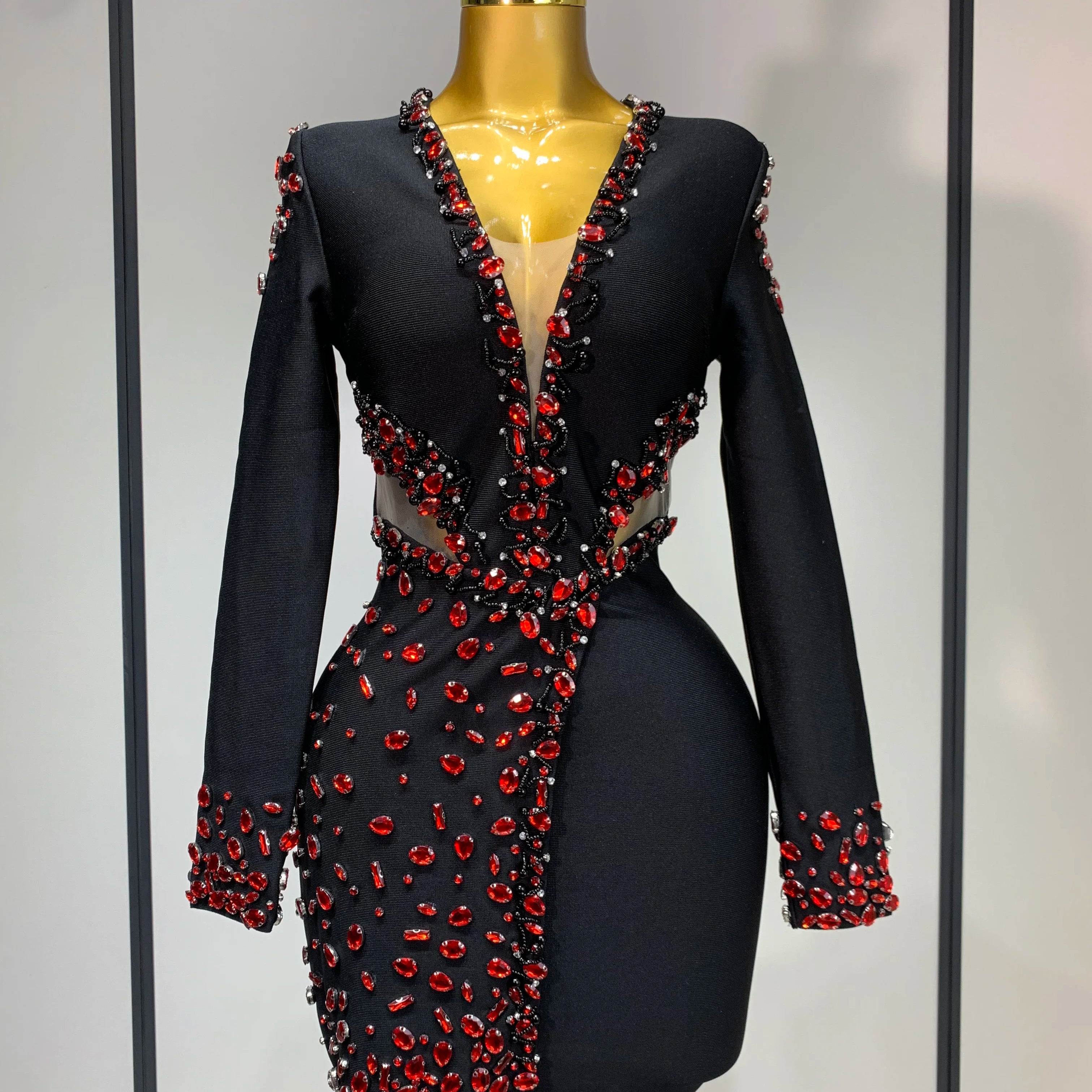 Luxury Birthday Women Celebrity Sexy Long Sleeve V Neck Rhinestone Black Bandage Dress 2025 Elegant Evening Club Party Dresses