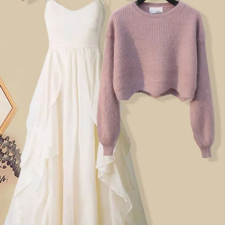 Women Spring Two Pieces Sets Korean Long Sleeve Knitted Sweater Cardigan And Ruffles Patchwork Mesh Long Dress Suit
