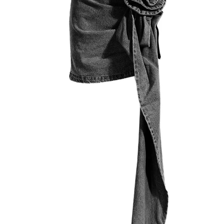 DEAT Fashion Women's Skirt High Waist Three-dimensional Rose Flower Asymmetric Blue Denim Short Skirts Summer New 17A8357 deep gray